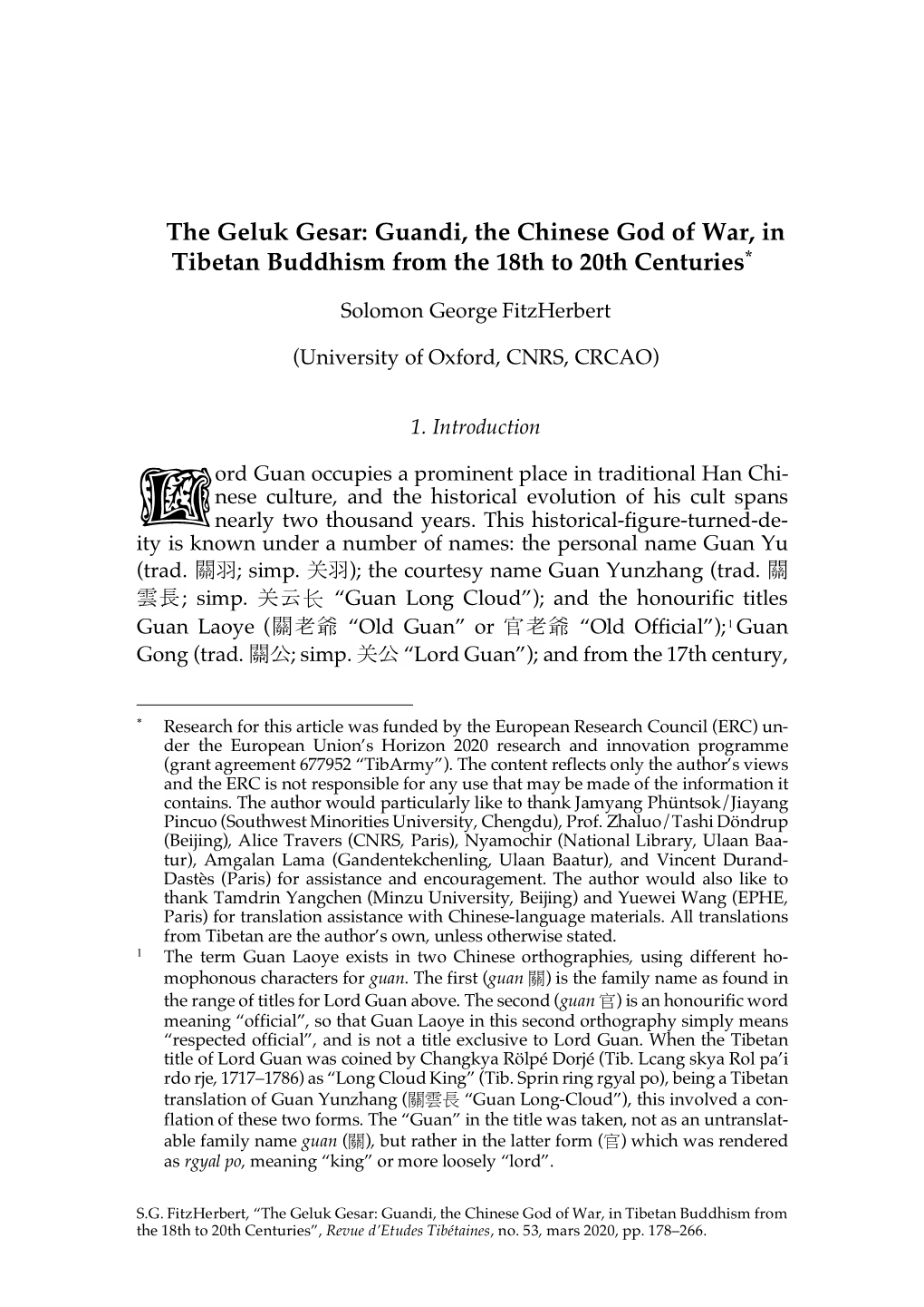 Guandi, the Chinese God of War, in Tibetan Buddhism from the 18Th to 20Th Centuries*