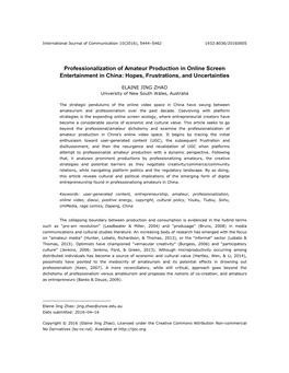 Professionalization of Amateur Production in Online Screen Entertainment in China: Hopes, Frustrations, and Uncertainties