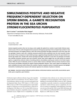 Simultaneous Positive and Negative Frequency-Dependent Selection on Sperm Bindin, a Gamete Recognition Protein in the Sea Urchin Strongylocentrotus Purpuratus