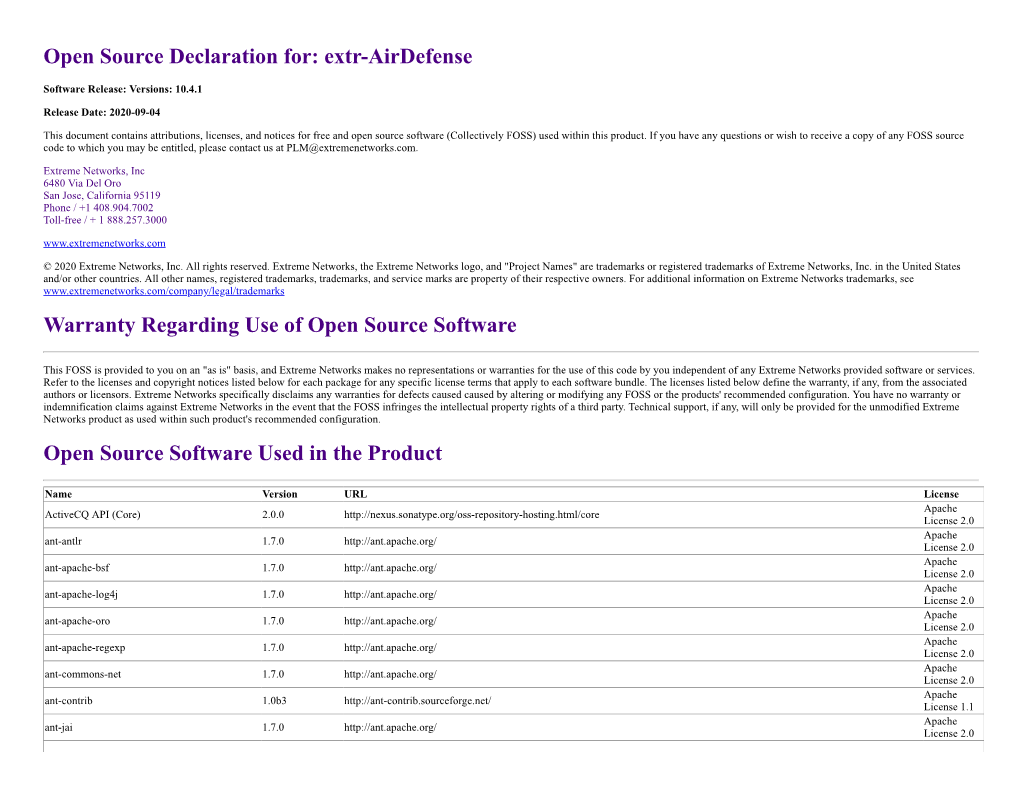 Open Source Declaration For: Extr-Airdefense Warranty