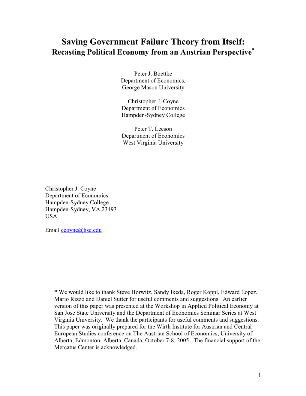 Saving Government Failure Theory from Itself: Recasting Political Economy from an Austrian Perspective ∗∗∗