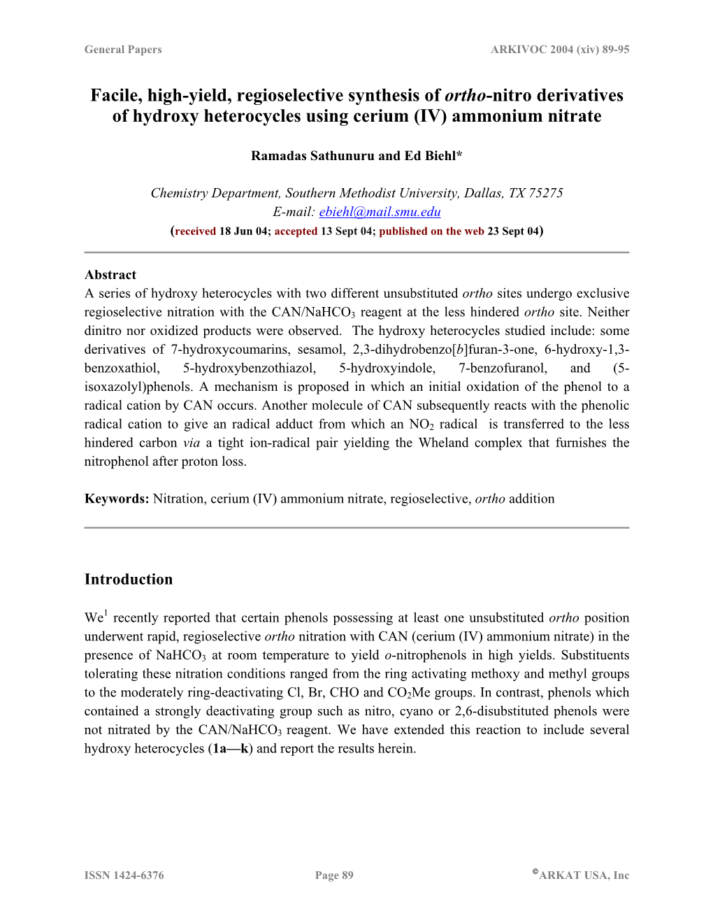 Facile, High-Yield, Regioselective Synthesis of Ortho-Nitro Derivatives of Hydroxy Heterocycles Using Cerium (IV) Ammonium Nitrate