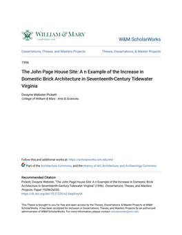 The John Page House Site: a N Example of the Increase in Domestic Brick Architecture in Seventeenth-Century Tidewater Virginia