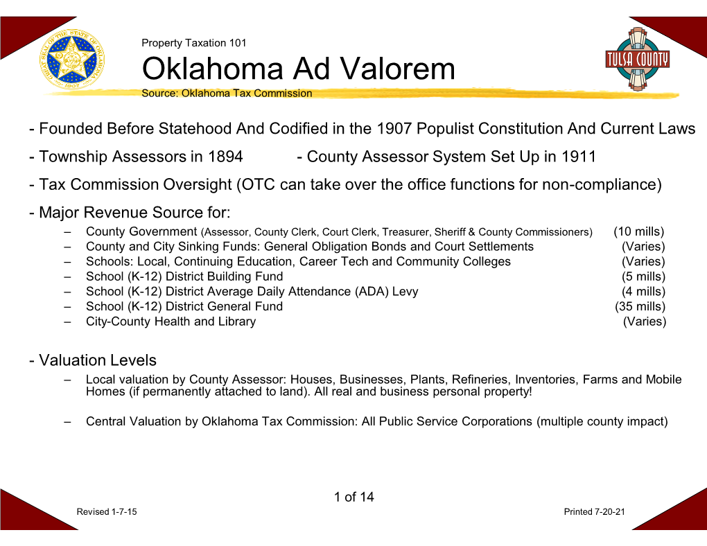 Oklahoma Ad Valorem Source: Oklahoma Tax Commission