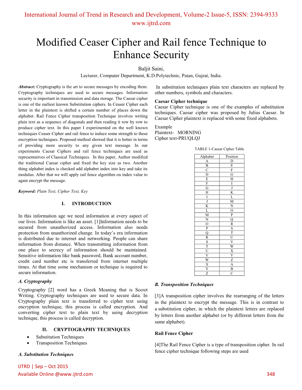 Modified Ceaser Cipher and Rail Fence Technique to Enhance Security