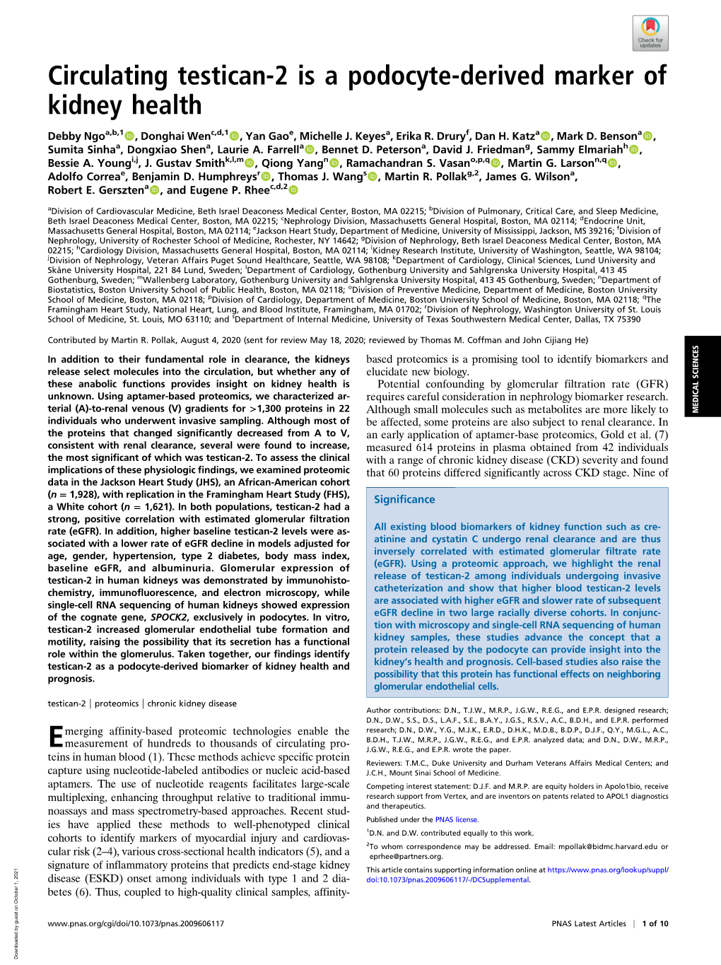 Circulating Testican-2 Is a Podocyte-Derived Marker of Kidney Health