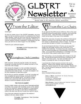 Summer 2003 Newsletternewslettera Publication of the Gay, Lesbian, Bisexual, Transgendered Round Table of the American Library Association