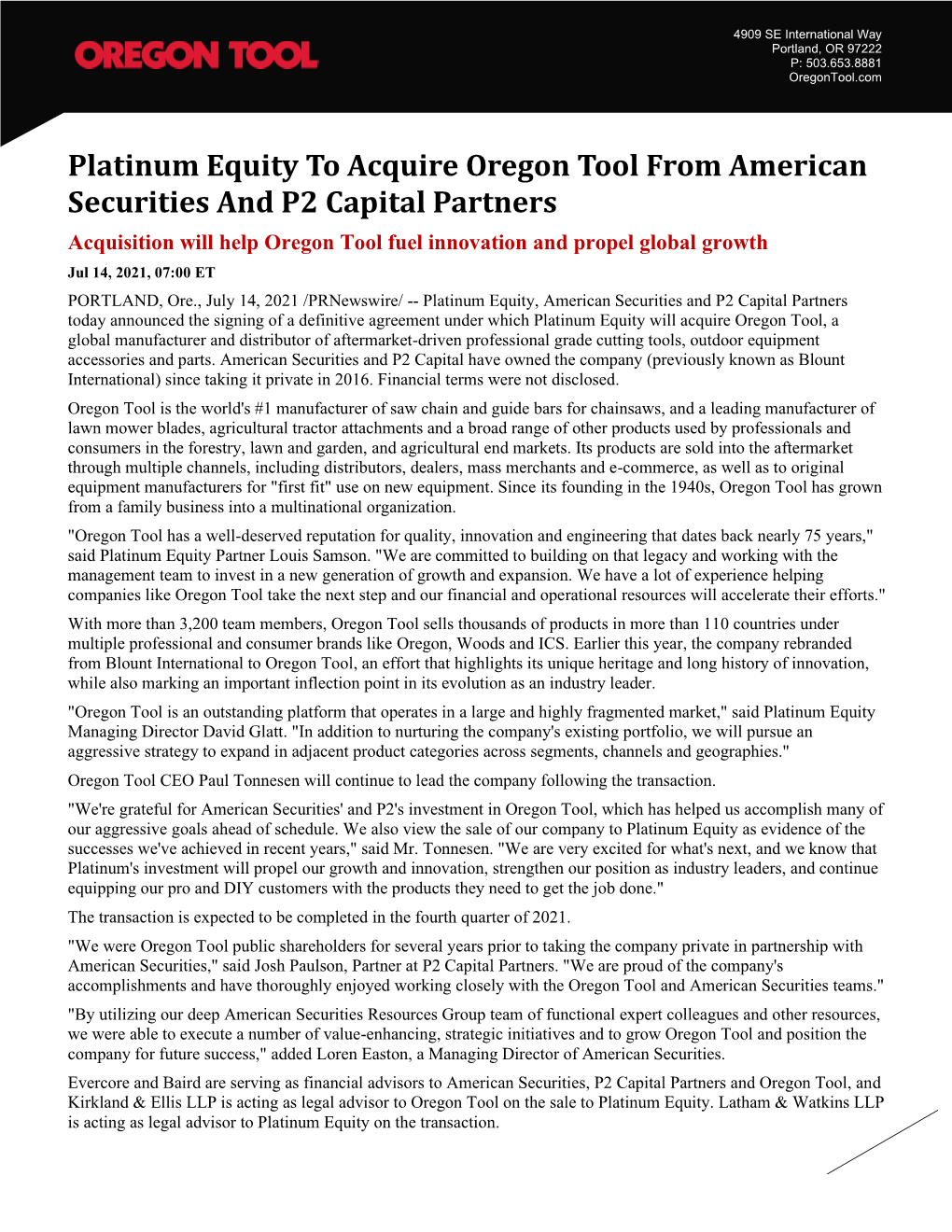 Platinum Equity to Acquire Oregon Tool from American Securities and P2 Capital Partners