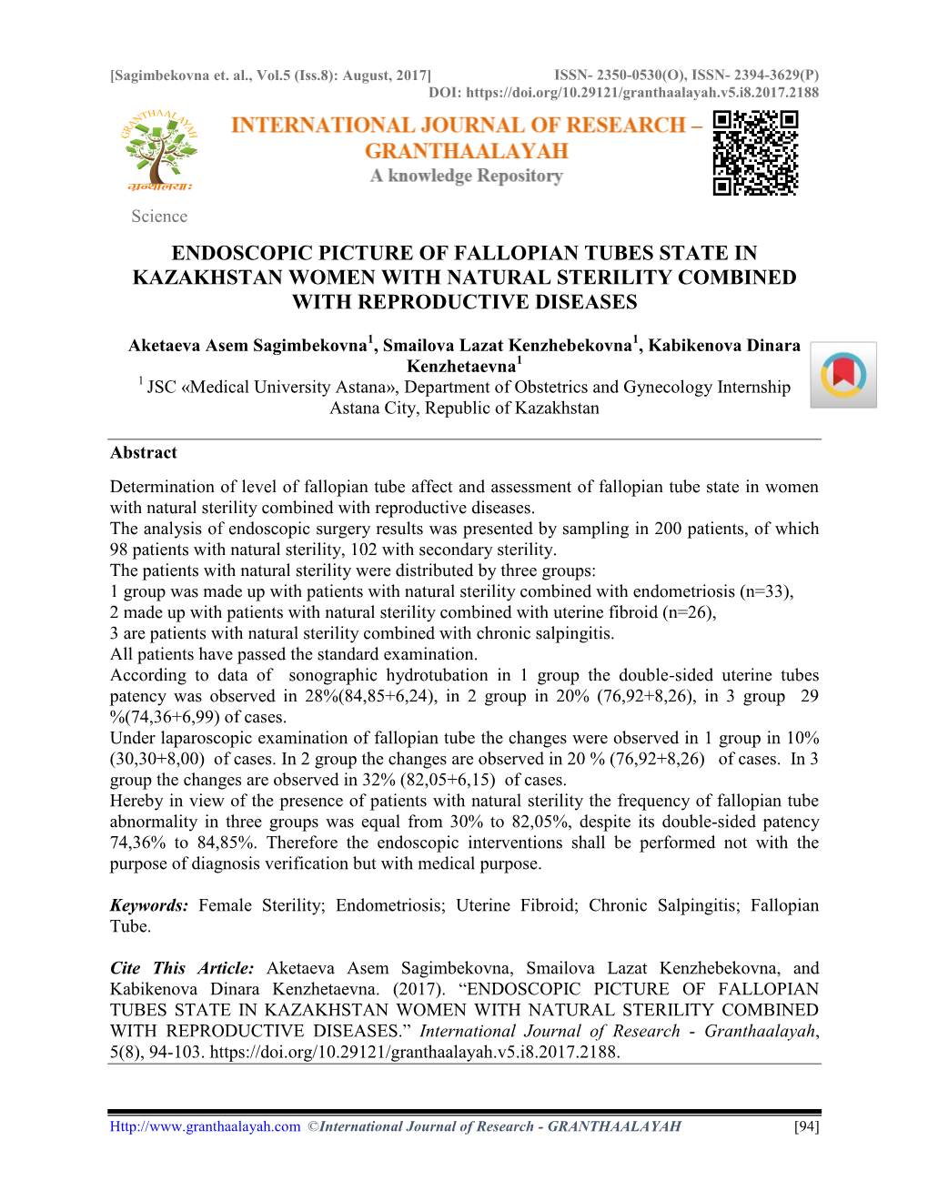 Endoscopic Picture of Fallopian Tubes State in Kazakhstan Women with Natural Sterility Combined with Reproductive Diseases