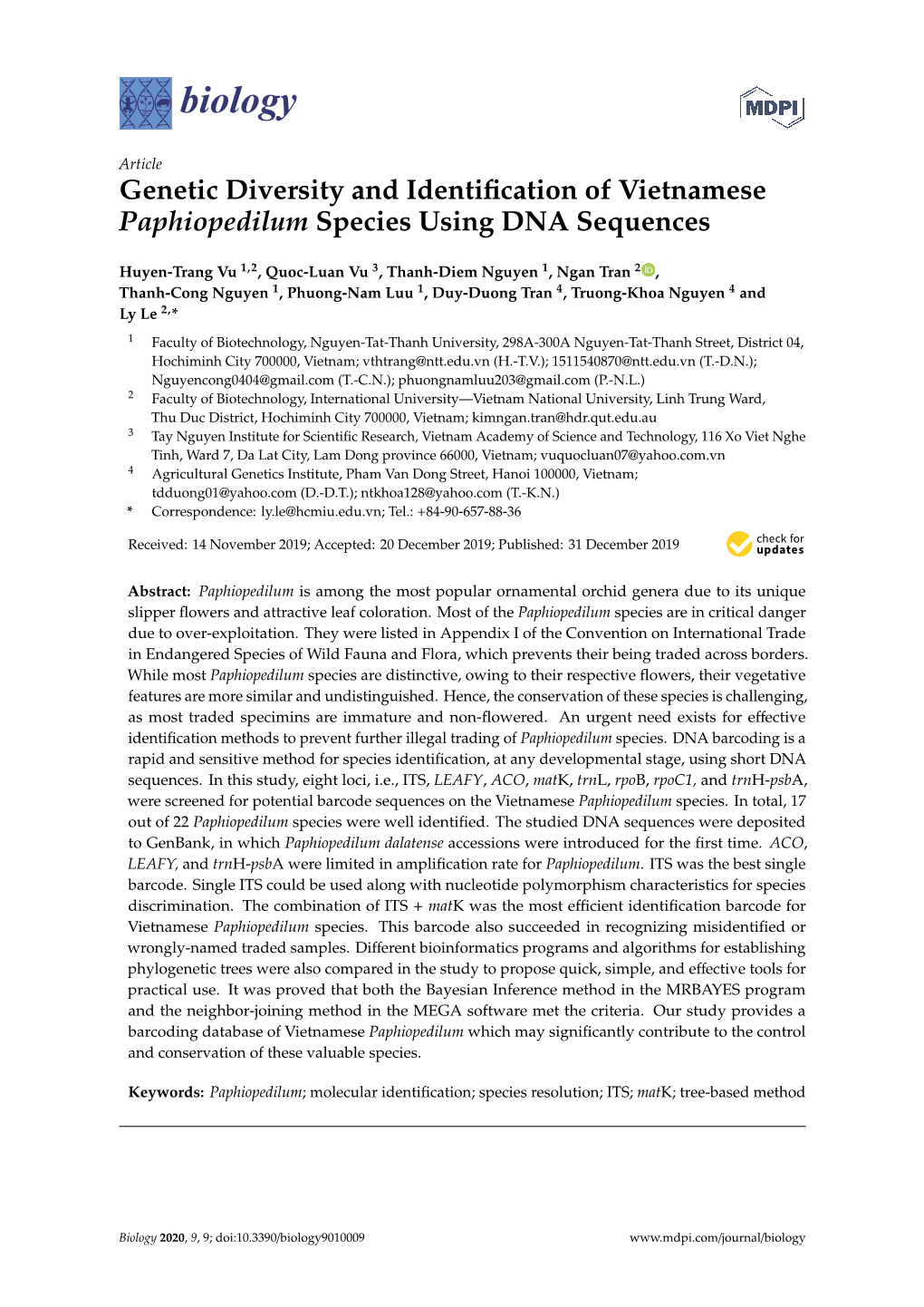 Genetic Diversity and Identification of Vietnamese Paphiopedilum