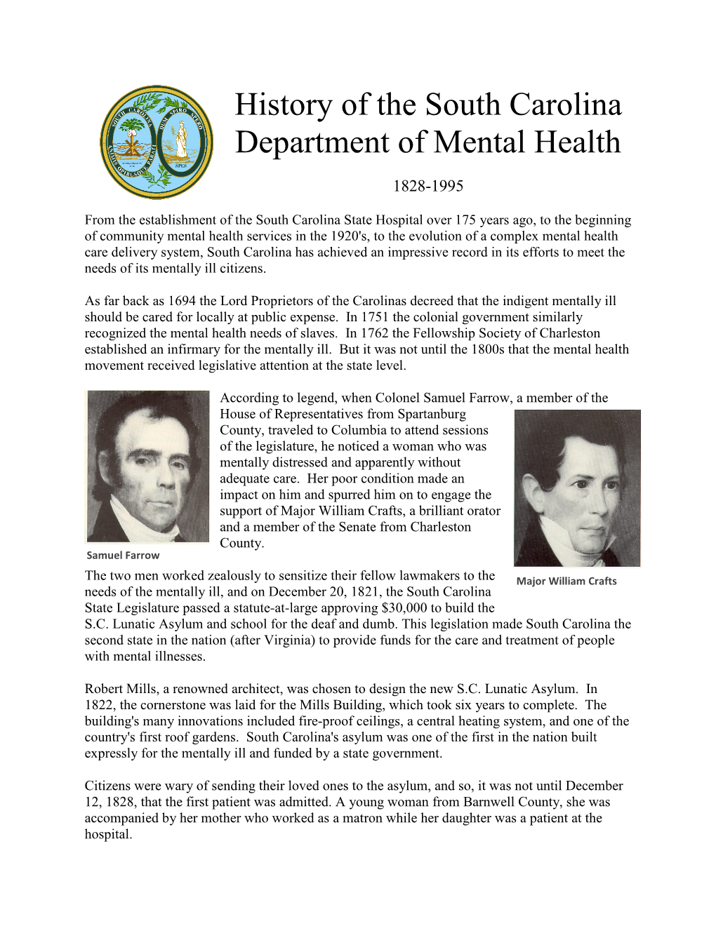 History of the South Carolina Department of Mental Health