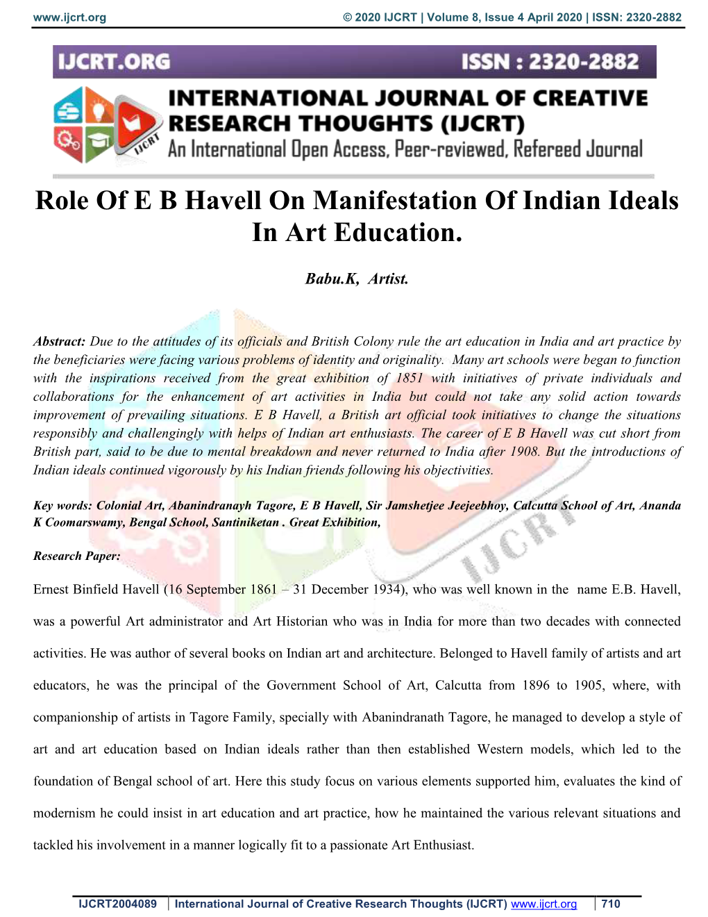 Role of E B Havell on Manifestation of Indian Ideals in Art Education