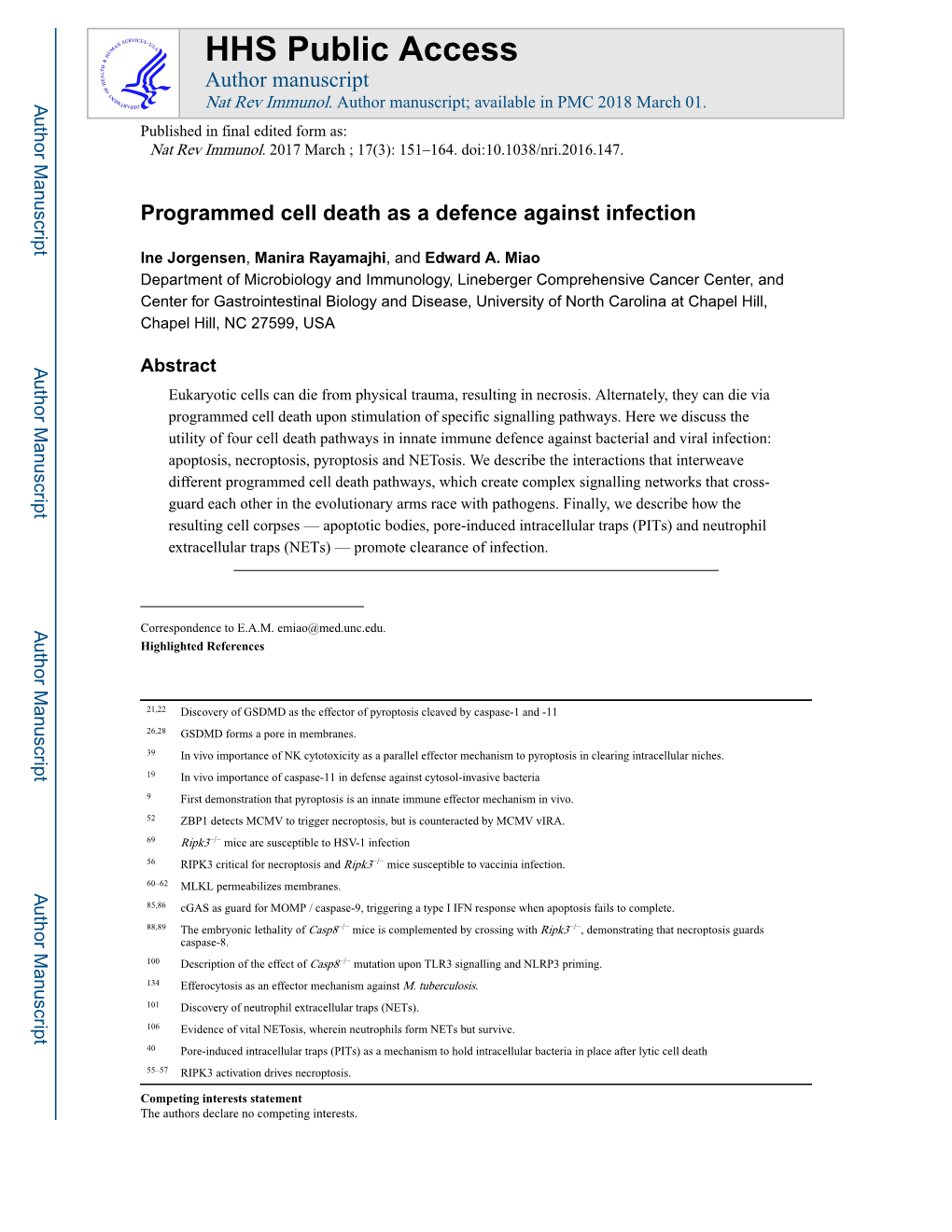 Programmed Cell Death As a Defence Against Infection