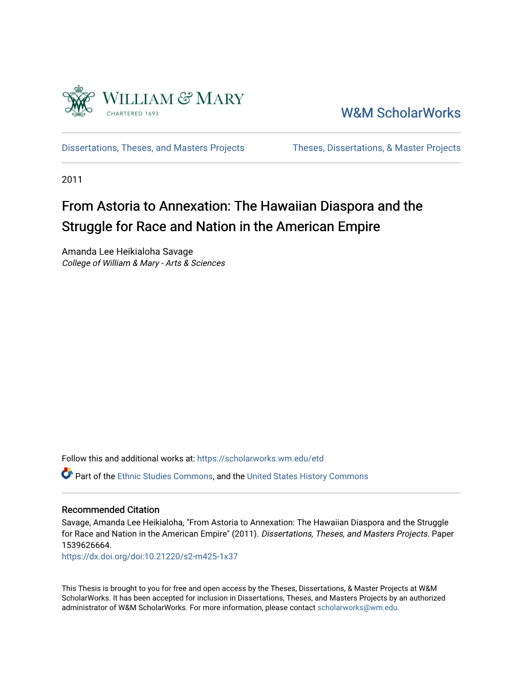 From Astoria to Annexation: the Hawaiian Diaspora and the Struggle for Race and Nation in the American Empire