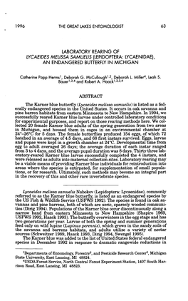 LABORATORY REARING of LYCAEIDES MELISSA SAMUEL6 (LEPIDOPTERA: LYCAE NIDAE), an ENDANGERED Bullerfly in MICHIGAN