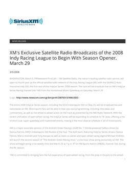 XM's Exclusive Satellite Radio Broadcasts of the 2008 Indy Racing League to Begin with Season Opener, March 29