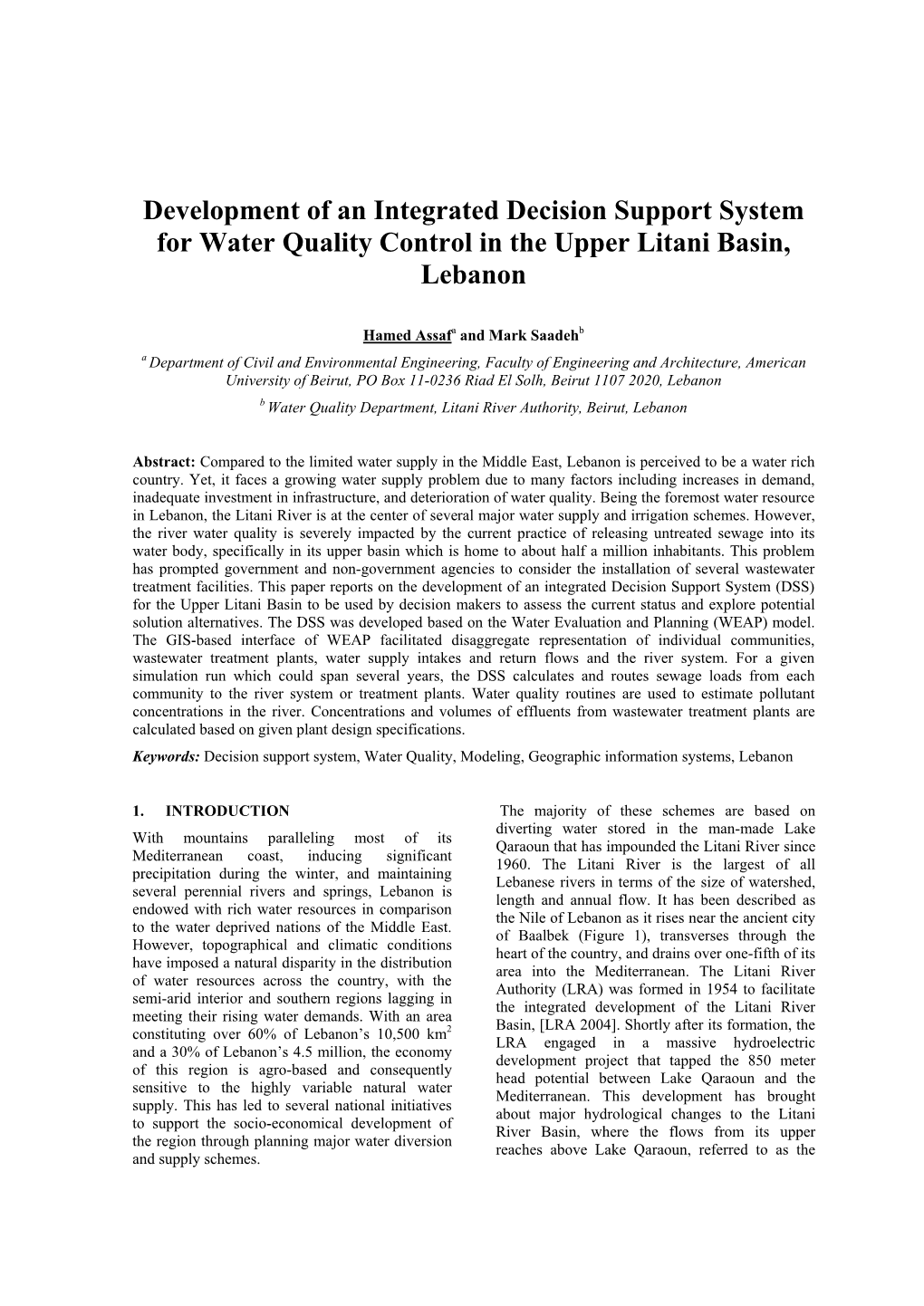 Development of an Integrated Decision Support System for Water Quality Control in the Upper Litani Basin, Lebanon