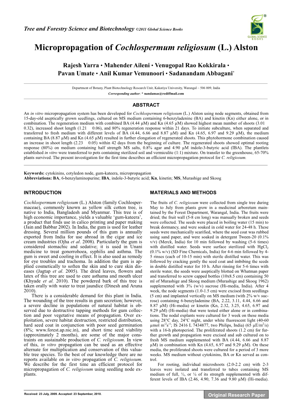 Micropropagation of Cochlospermum Religiosum (L.) Alston