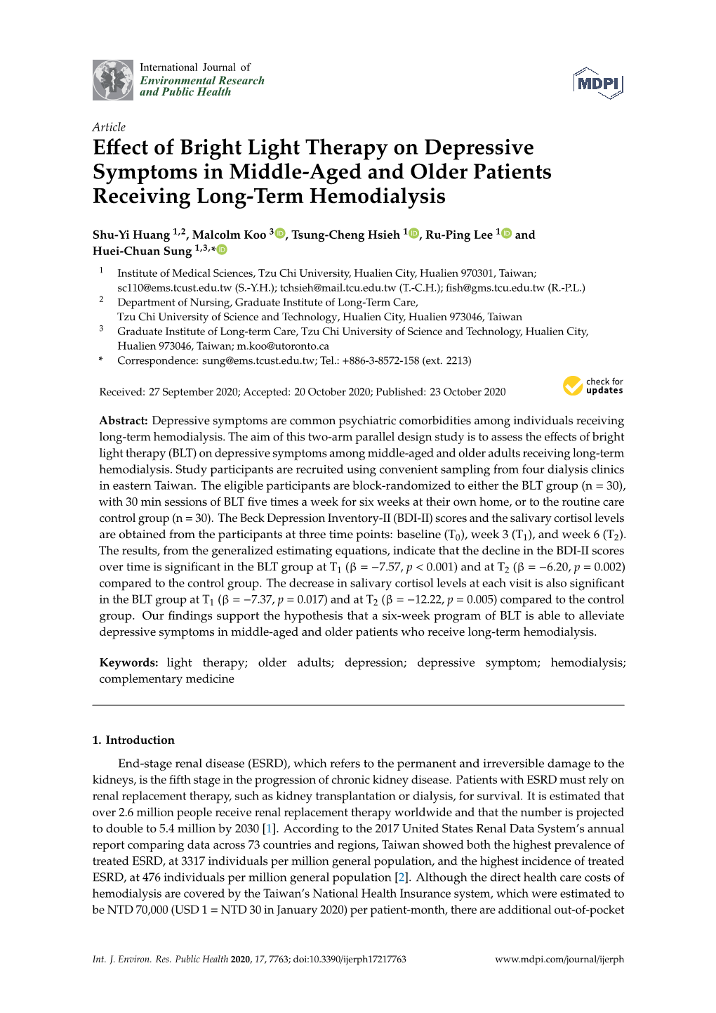 Effect of Bright Light Therapy on Depressive Symptoms in Middle