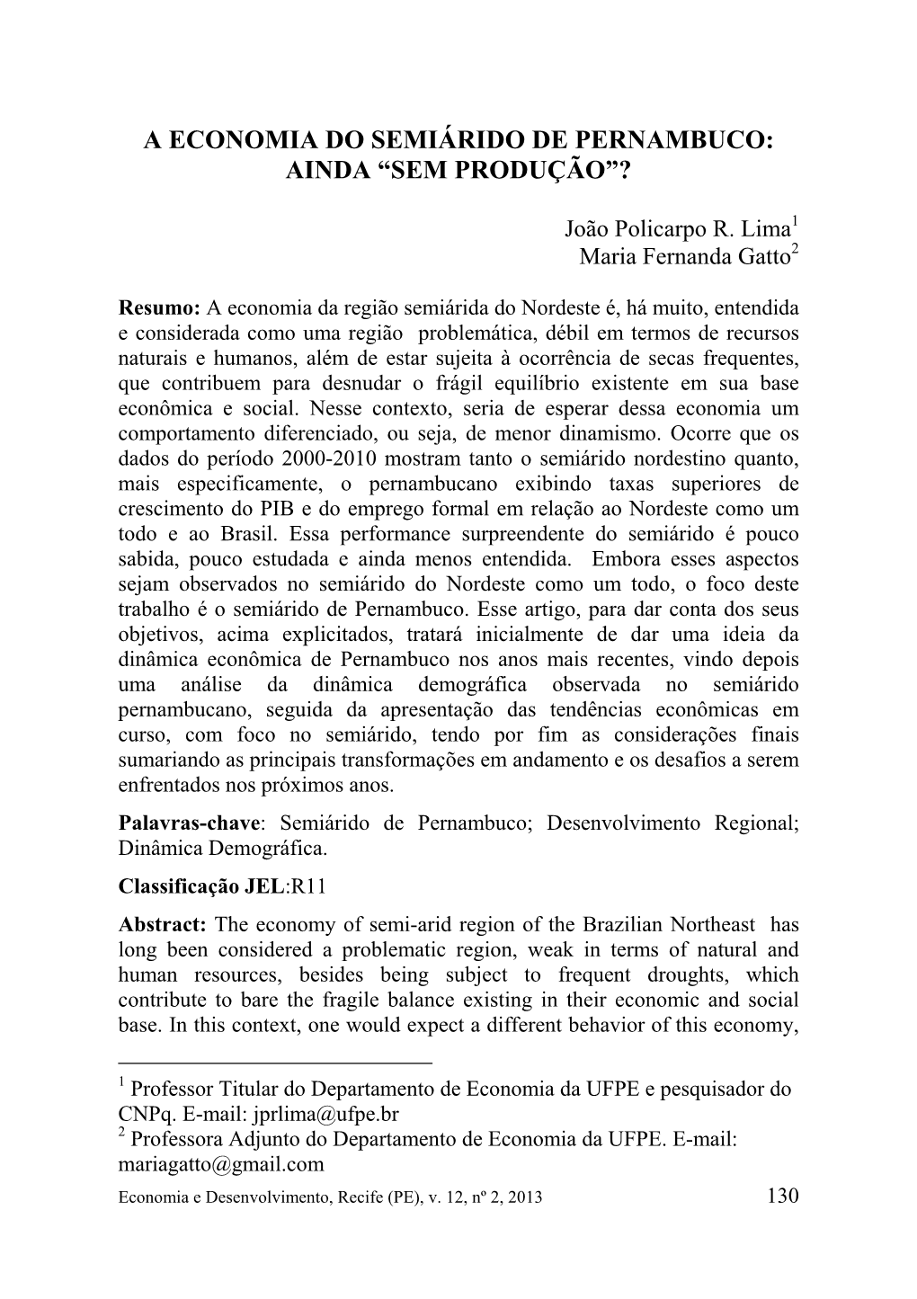 A Economia Do Semiárido De Pernambuco: Ainda “Sem Produção”?