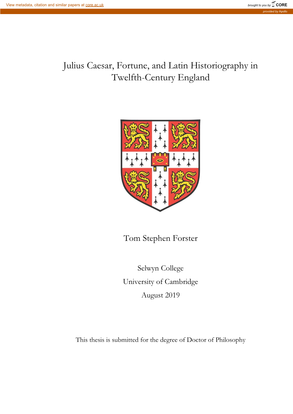 Julius Caesar, Fortune, and Latin Historiography in Twelfth-Century England