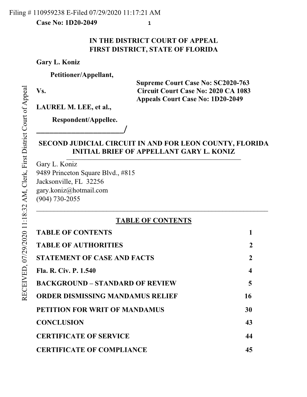 Case No: 1D20-2049 in the DISTRICT COURT OF