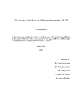 Popular Genres and the Rhetoric of Anthropology, 1900-1940 Risa Applegarth a Dissertation Submitted to the Facult