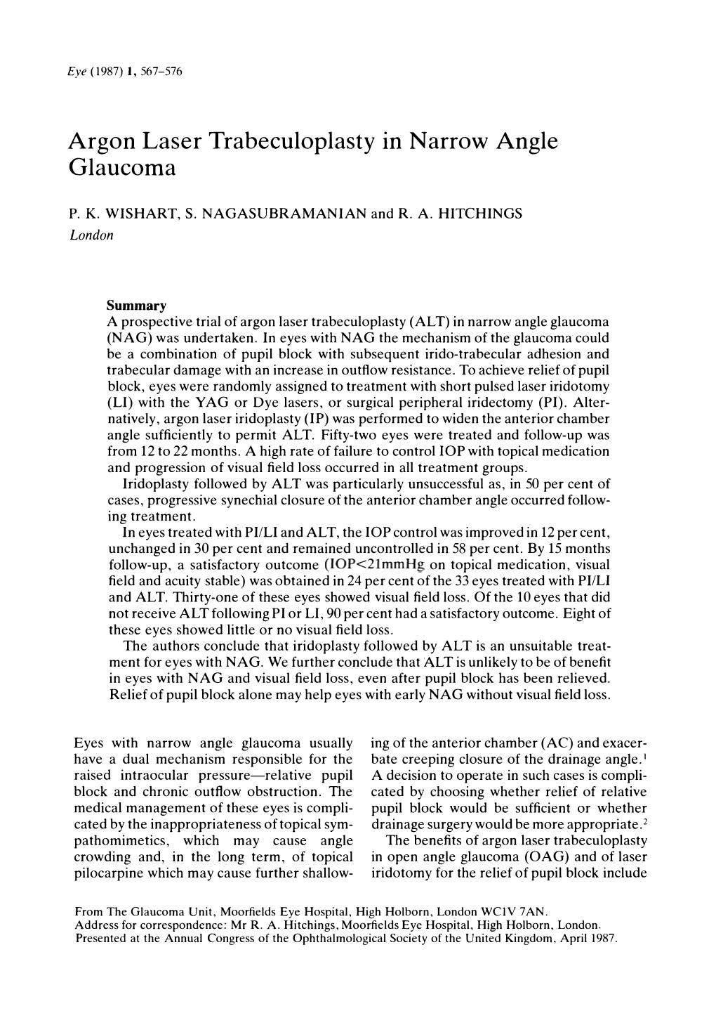 Argon Laser Trabeculoplasty in Narrow Angle Glaucoma