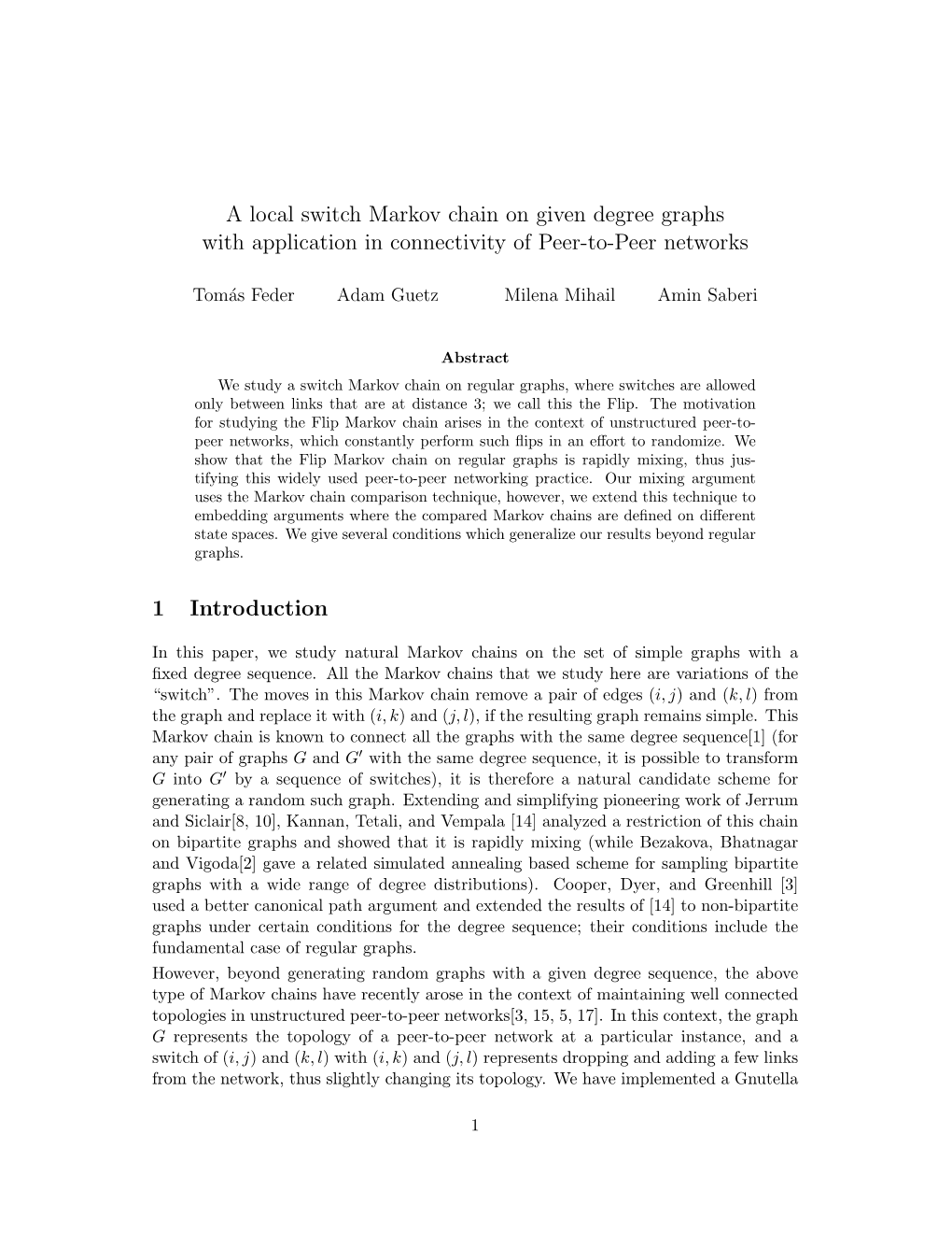 A Local Switch Markov Chain on Given Degree Graphs with Application in Connectivity of Peer-To-Peer Networks