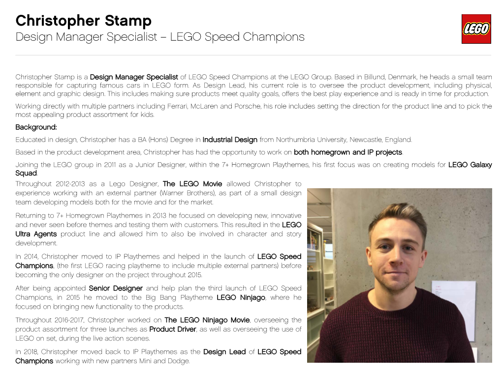 Christopher Stamp Design Manager Specialist – LEGO Speed Champions