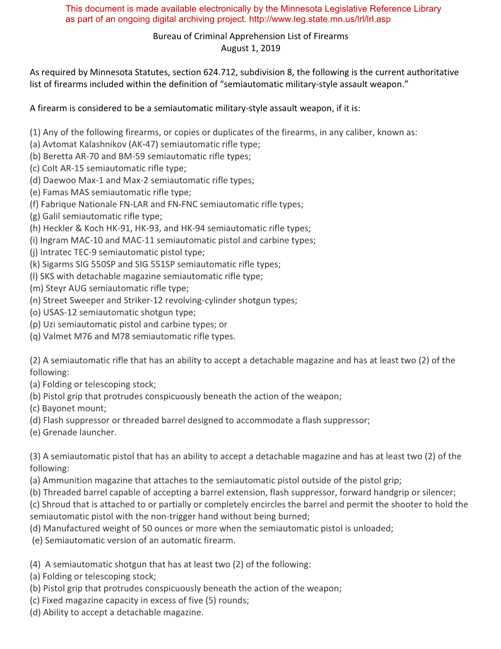 Bureau of Criminal Apprehension List of Firearms August 1, 2019 As