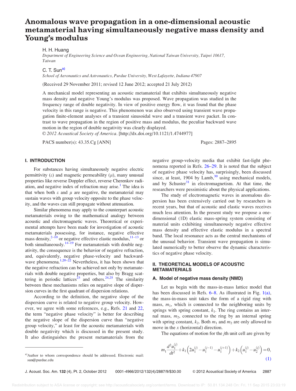 Anomalous Wave Propagation in a One-Dimensional Acoustic Metamaterial Having Simultaneously Negative Mass Density and Young’S Modulus