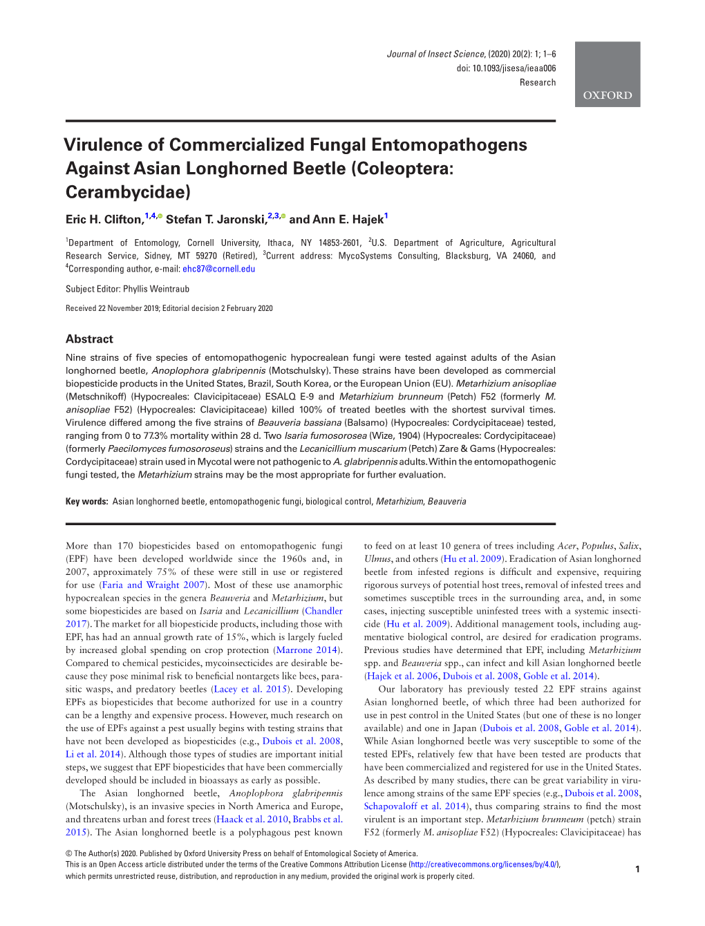 Virulence of Commercialized Fungal Entomopathogens Against Asian Longhorned Beetle (Coleoptera: Cerambycidae)