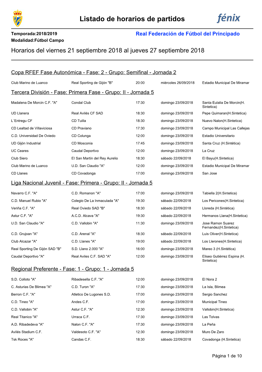 Listado De Horarios De Partidos