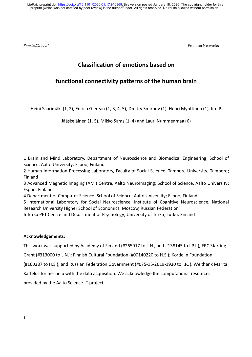 Classification of Emotions Based on Functional Connectivity Patterns Of