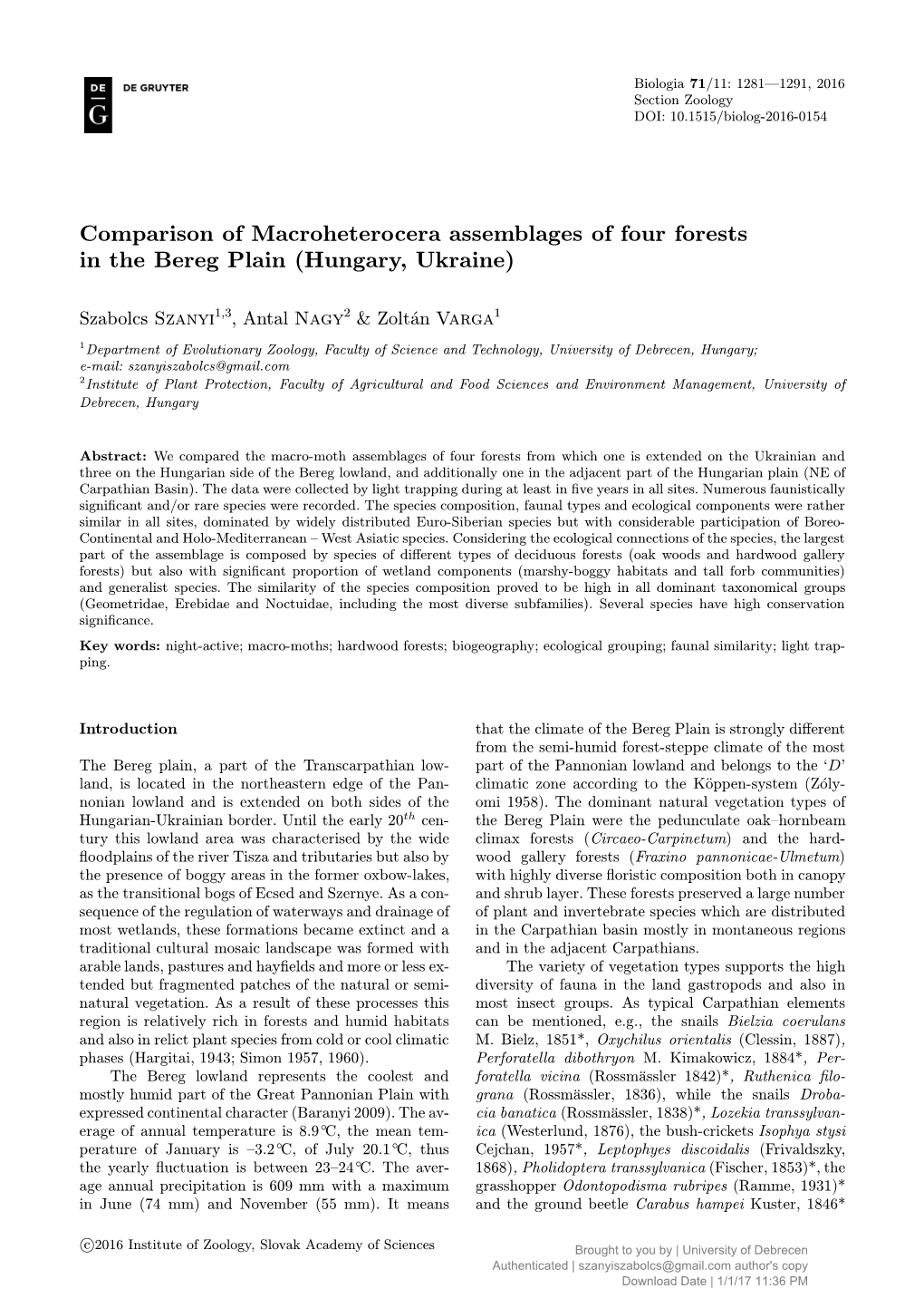 Comparison of Macroheterocera Assemblages of Four Forests in the Bereg Plain (Hungary, Ukraine)