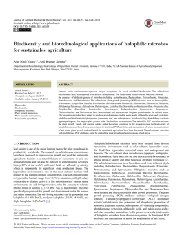 Biodiversity and Biotechnological Applications of Halophilic Microbes for Sustainable Agriculture