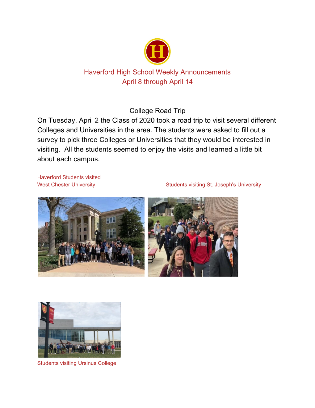 Haverford High School Weekly Announcements April 8 Through April 14