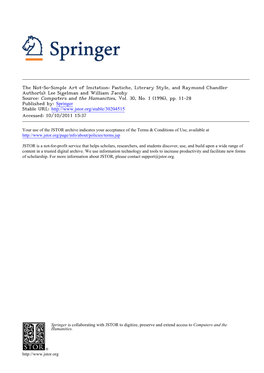 Pastiche, Literary Style, and Raymond Chandler Author(S): Lee Sigelman and William Jacoby Source: Computers and the Humanities, Vol