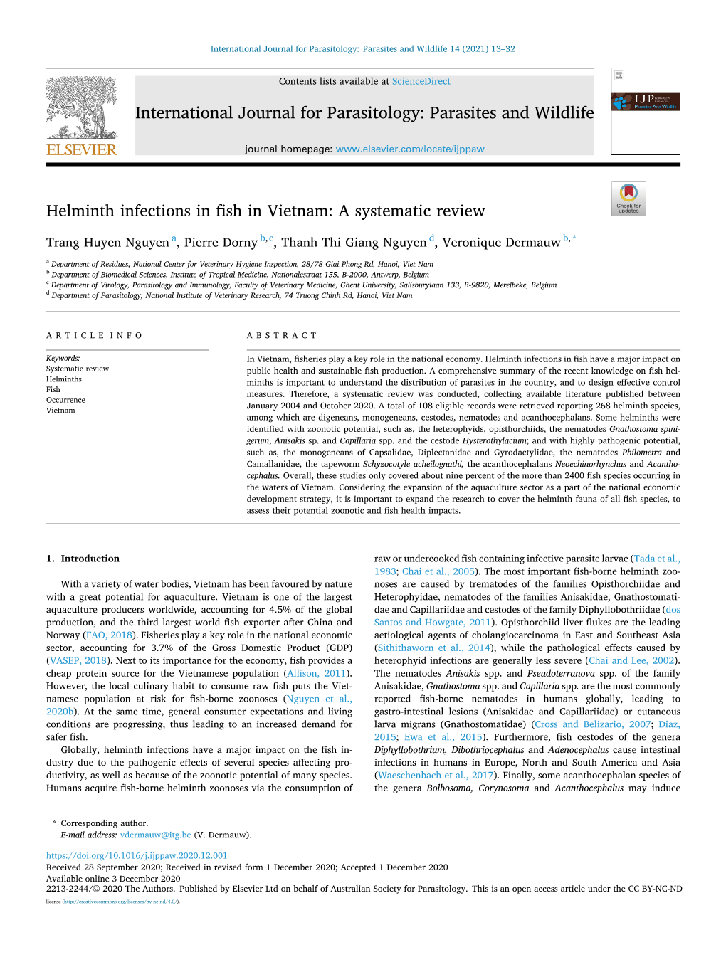 Helminth Infections in Fish in Vietnam: a Systematic Review