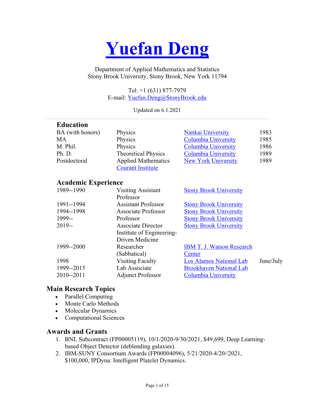 Download Yuefan Deng's CV