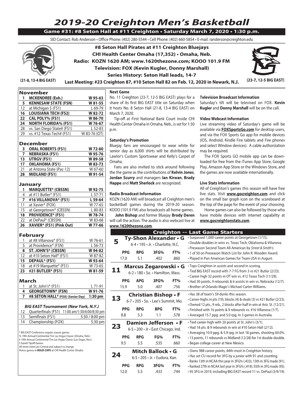 2019-20 Creighton Men's Basketball #11 Creighton Combined Team Statistics (As of Mar 04, 2020) All Games