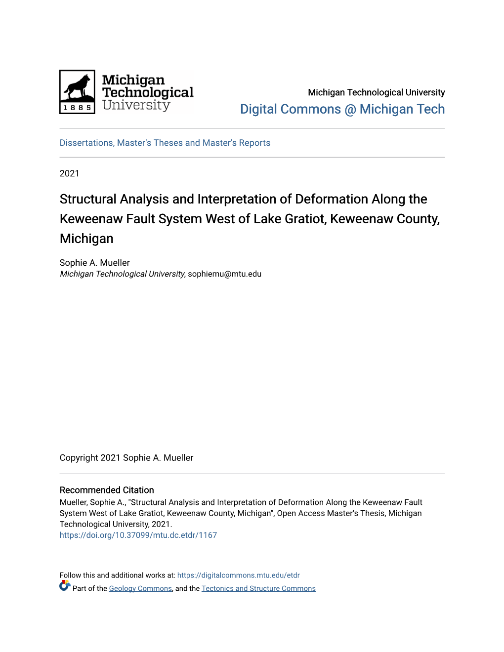 Structural Analysis and Interpretation of Deformation Along the Keweenaw Fault System West of Lake Gratiot, Keweenaw County, Michigan