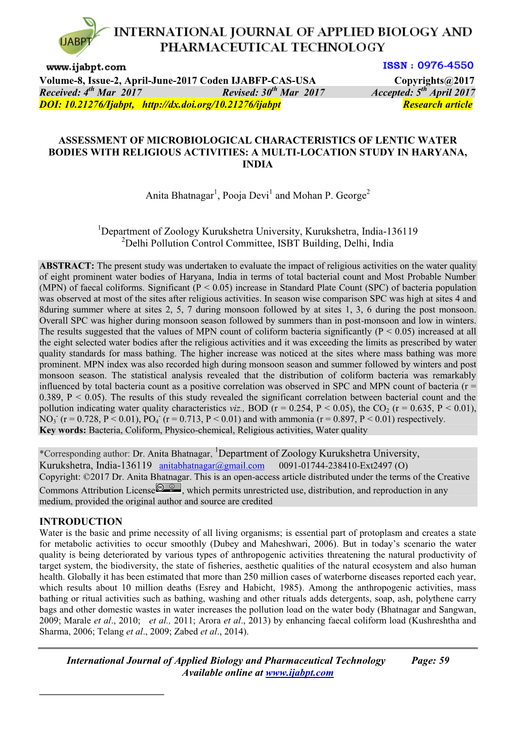 Assessment of Microbiological Characteristics of Lentic Water Bodies with Religious Activities: a Multi-Location Study in Haryana, India