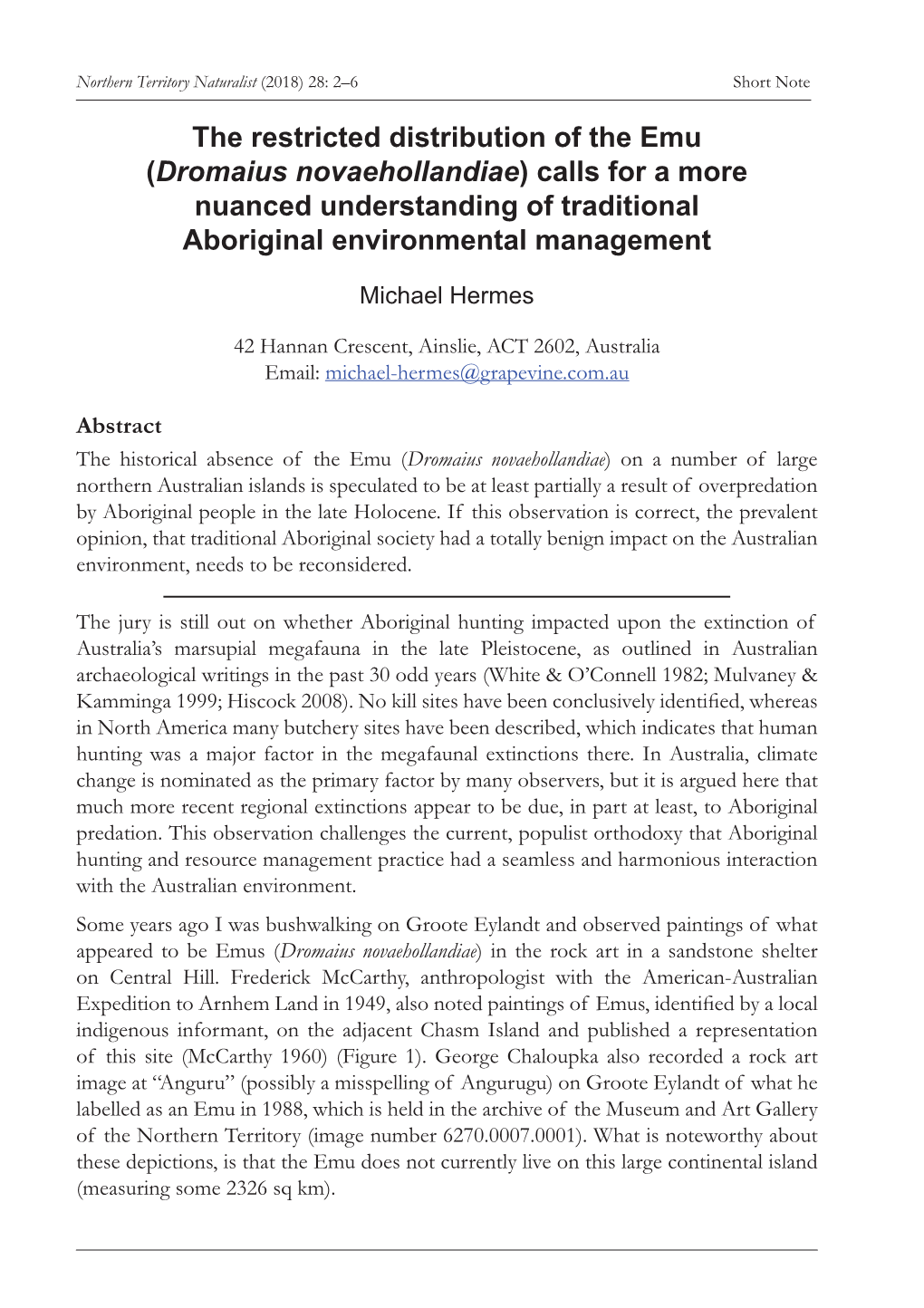 The Restricted Distribution of the Emu (Dromaius Novaehollandiae) Calls for a More Nuanced Understanding of Traditional Aboriginal Environmental Management