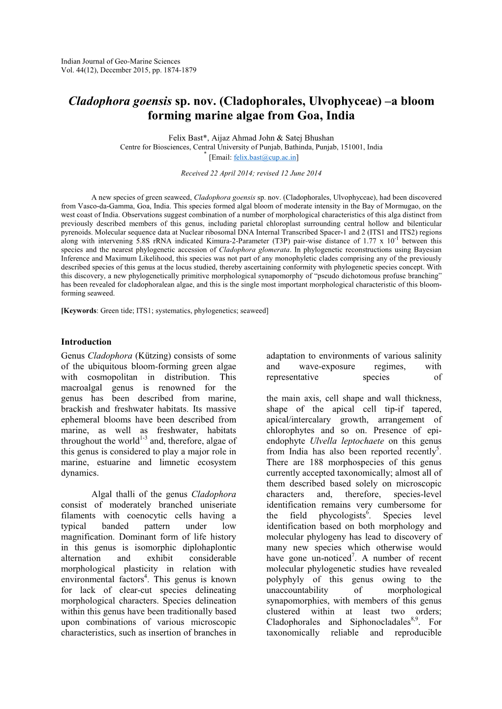 (Cladophorales, Ulvophyceae) –A Bloom Forming Marine Algae from Goa, India