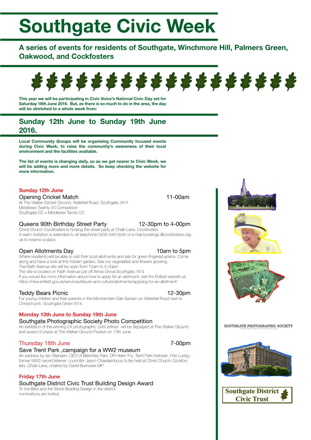 Southgate Civic Week a Series of Events for Residents of Southgate, Winchmore Hill, Palmers Green, Oakwood, and Cockfosters