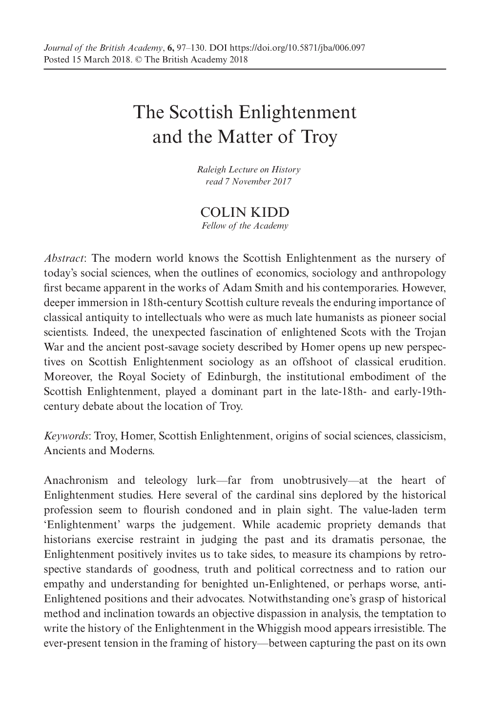 The Scottish Enlightenment and the Matter of Troy