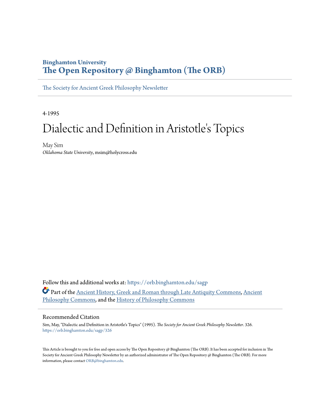 Dialectic and Definition in Aristotle's Topics May Sim Oklahoma State University, Msim@Holycross.Edu