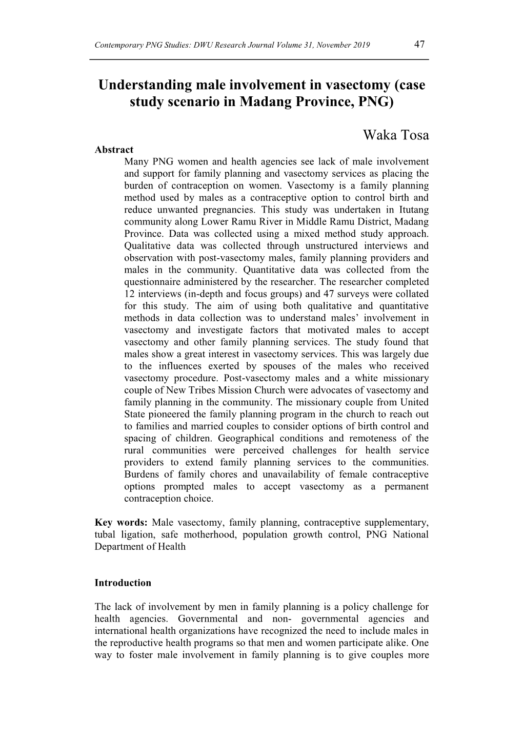 Understanding Male Involvement in Vasectomy (Case Study Scenario in Madang Province, PNG)